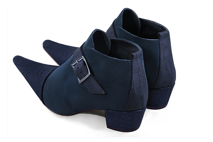 Navy blue women's ankle boots with buckles at the front. Pointed toe. Low cone heels. Rear view - Florence KOOIJMAN